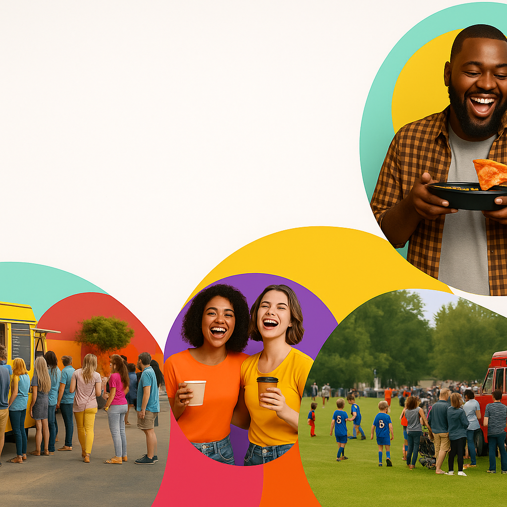 Community food festival with families enjoying food trucks